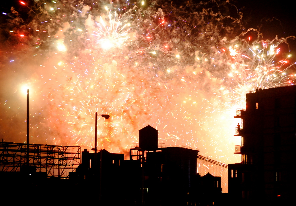 Picture, new york, fireworks, brooklyn bridge, night sky, explosion