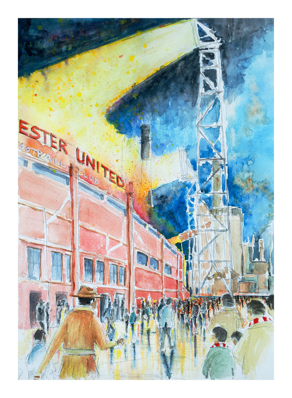 painting of fans walking down the Warwick Road to Old Trafford 