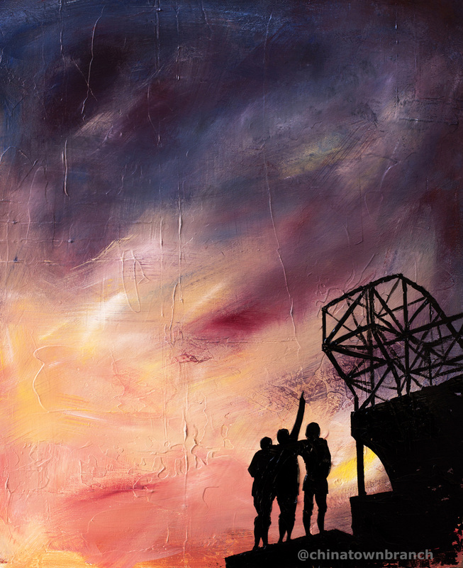 Painting of Charlton, Best, Law statue outside Old Trafford. United Trinity